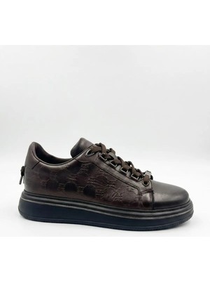 Pierre Cardin Erkek Kahverengi Monogram Kabartma Deri Platform Sneaker Gun-Metal Şeritli Ayakkabı