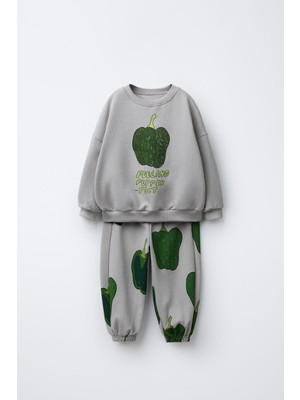 Magu Çocuk Baskılı Gri Sweatshirt ve Eşofman Altı Takımı