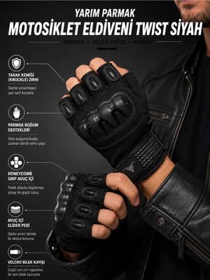 Motokit Twist Siyah / Yarım Parmak - Kaymaz Avuç Içi Özellikli Erkek Motosiklet Eldiveni