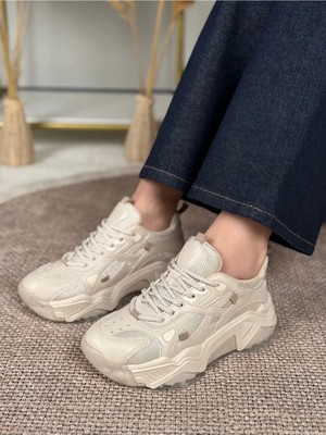 Park Moda Noctras Kadın Suni Deri Detaylı Bağcıklı Yüksek Tabanlı Sneaker Spor Ayakkabı
