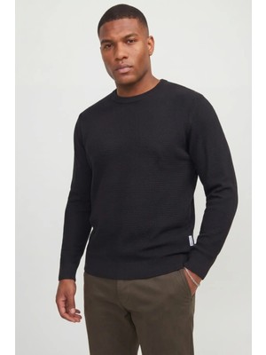 Jack & Jones Erkek Triko Kazak Bisiklet Yaka Uzun Kollu Örgü Desenli Slim Fit Siyah Renk Günlük