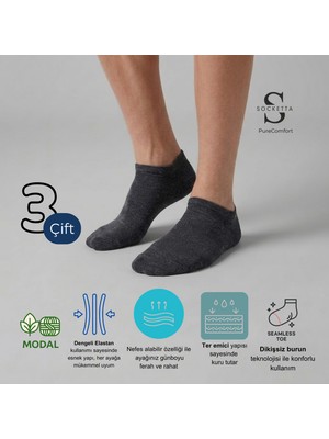 Socketta 3'lü Gri Erkek Modal Dikişsiz Esnek Patik Çorap - Premium