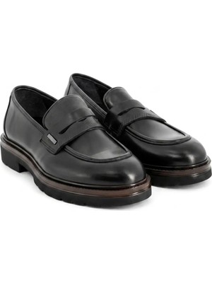 Pierre Cardin Erkek Siyah Deri Penny Loafer Kalın Lug Taban Kahve Şeritli Bağcıksız Ayakkabı