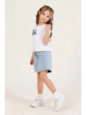 Dmb 4-9 Yaş Çiçek Detaylı T-Shirt Şort Etekli Takım Günlük Bayramlık Kız Çocuk Takım