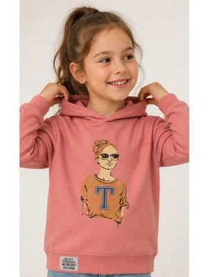 Kız Çocuk T Harfli Gözlüklü Kız Modelli Kapüşonlu Somon Sweatshirt