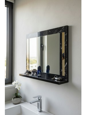 Moemi Raflı Banyo Aynası Lavabo Aynası Raflı 60 x 45 cm Gold Pleksi Işlemeli
