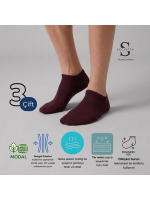 Socketta 3'lü Bordo Erkek Modal Dikişsiz Esnek Patik Çorap - Premium