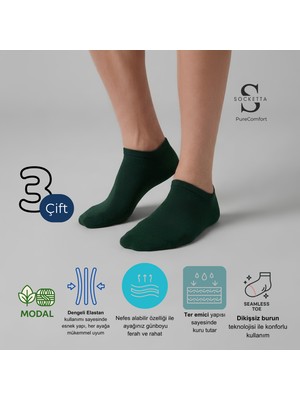 Socketta 3'lü Koyu Yeşil Erkek Modal Dikişsiz Esnek Patik Çorap - Premium