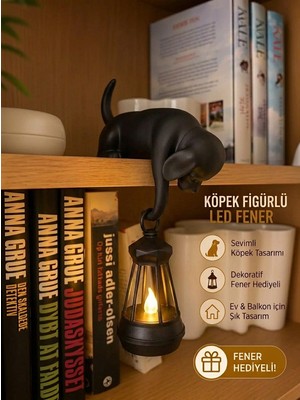 Filkorium3D Askılı Köpek Raf Dekoru 20 cm - LED Fenerli Minimalist Salon, Balkon , Raf ve Ev Aksesuarı Dekoratif Obje - Mum Hediyeli