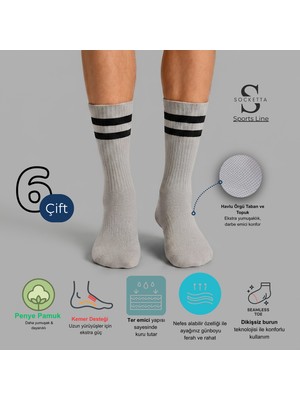 Socketta 6'lı Gri Melanj Erkek Spor Pamuk Dikişsiz Çizgili Havlu Taban Soket Tenis Çorabı - Premium
