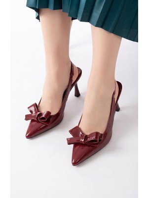 Zerenyus ZRİN-4501 Bordo Rugan Günlük Arkası Açık Fiyonklu Topuklu Ayakkabı 9 cm
