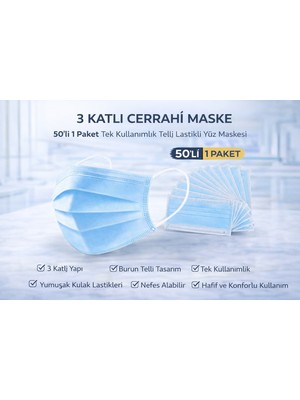 TeknoKapsül 3 Katlı Cerrahi Maske 50'li 1 Paket Tek Kullanımlık Telli Lastikli Yüz Maskesi