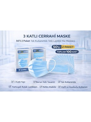 TeknoKapsül 3 Katlı Cerrahi Maske 50'li 2 Paket Tek Kullanımlık Telli Lastikli Yüz Maskesi Toplam 100 Adet