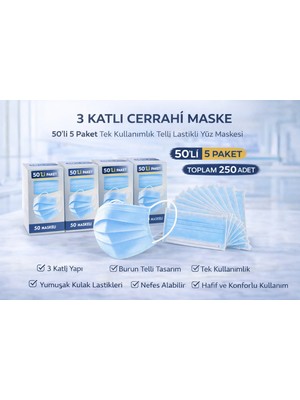 TeknoKapsül 3 Katlı Cerrahi Maske 50'li 5 Paket Tek Kullanımlık Telli Lastikli Yüz Maskesi Toplam 250 Adet
