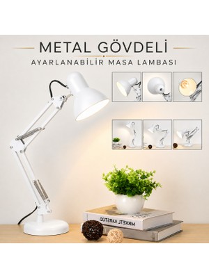 Badem10 Beyaz Ayarlanabilir Metal Masa Lambası Kıskaçlı Akrobat Çalışma Ders Okuma Lambası E27 Duy 54,5 cm
