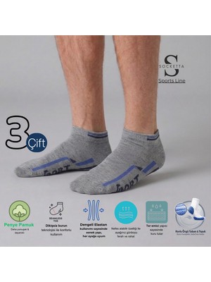 Socketta 3'lü Karışık Renkli Erkek Spor Pamuk Dikişsiz Esnek Desenli Havlu Taban Patik Çorap - Premium
