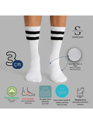 Socketta 3'lü Beyaz Erkek Spor Pamuk Dikişsiz Çizgili Havlu Taban Soket Tenis Çorabı - Premium