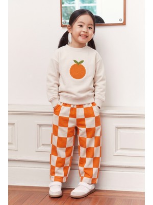 Magu Çocuk Portakal Nakışlı Ekru Sweatshirt ve Turuncu Dama Eşofman Takımı