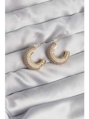 TeknoKapsül Pirinç Gold Renk Zirkon Taşlı Yarım Halka Küpe