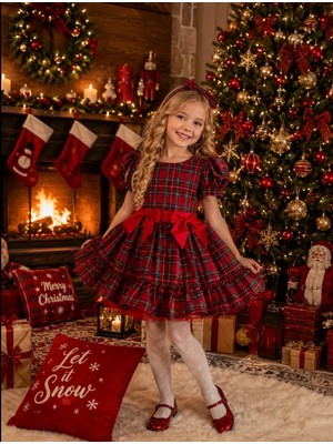 Na Addesign Yeni Yıl Kız Çocuk Elbise, Kısa Puf Kol, Tutu Flanel Balo Elbisesi, Noel Fotoğraf Çekimi Kıyafeti