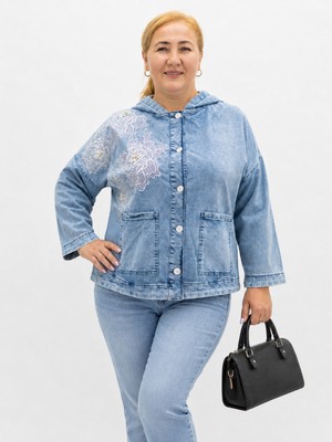 Trieste Wear Büyük Beden Denim Kapüşonlu Gül Deseni Işlemeli Boncuklu Önden Cep Detaylı Düğmeli Kadın Ceket