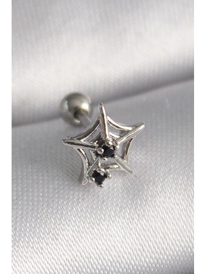 TeknoKapsül 316L Çelik Gümüş Renk Siyah Zirkon Taş Detay Örümcek Ağ Model Tragus Piercing