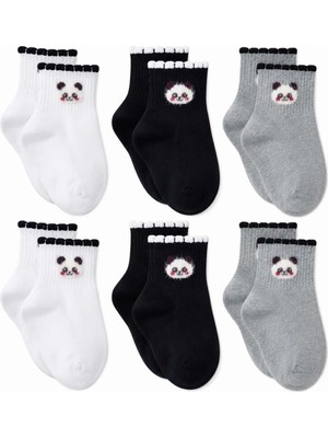 TeknoKapsül Kadın Panda Desenli Kısa Konç Çorap 6'lı Paket, %80 Pamuklu Dikişsiz Burun, Nefes Alan Yumuşak Bilek Çorabı, Siyah Beyaz Gri