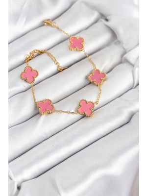 TeknoKapsül 316L Çelik Gold Zincir Pembe Yonca Renk Bileklik