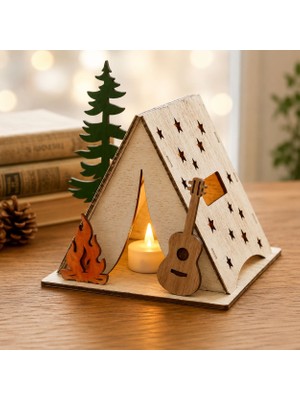 Rokh 🏕️ Ahşap Kamp Çadırı Mumluk | LED Mum Dahil | Gitar & Kamp Ateşi Dekoru | Hediyelik