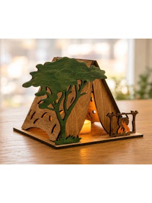 Rokh 🏕️ Ahşap Kamp Çadırı Mumluk | LED Mum Dahil | Doğa Temalı Dekoratif Kamp Ürünü | Hediyelik