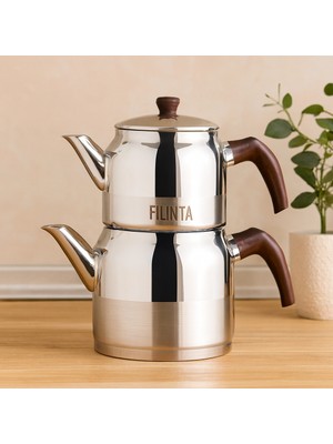 TeknoKapsül Orta Boy Çelik Çaydanlık Seti (Çift Kapaklı, Süzgeçli) 1.25L/2.25L