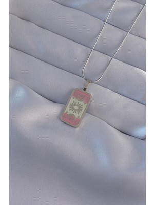 TeknoKapsül 316L Çelik Gümüş Renk Pembe Mineli Ay Figür Tarot Kolye