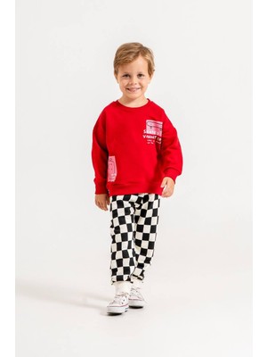 Cg Kids Çilek Desenli Sweatshirt Dama Desen Pantolon 3iplik Erkek Çocuk Alt Üst Takım