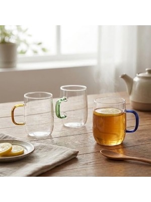 TeknoKapsül 1 Adet Borosilikat Cam Kupa (380 Ml) - 3 Farklı Renkli Isıya Dayanıklı Şeffaf Çay ve Kahve Fincanı Şık Kulplu Minimalist Kupa Bardak (Asorti)