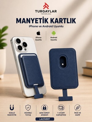 M-Safe Uyumlu Manyetik Telefon Arkası Deri Kartlık – iPhone ve Android Uyumlu, Güçlü Mıknatıslı, Lacivert
