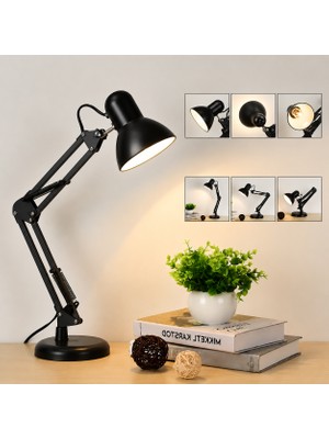 Badem10 Siyah Ayarlanabilir Metal Masa Lambası Kıskaçlı Akrobat Çalışma Ders Okuma Lambası E27 Duy 54,5 cm
