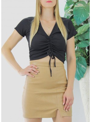 Modi Ön Büzgülü Crop Bluz Siyah - 1293.33