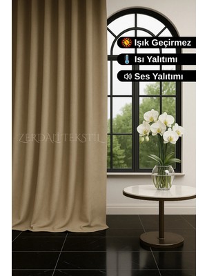 Zerdali Tekstil Lüks 1. Sınıf Özel Dikim Bej Blackout Işık Geçirmez Fon Perde Ekstraforlu Karartma Blackout
