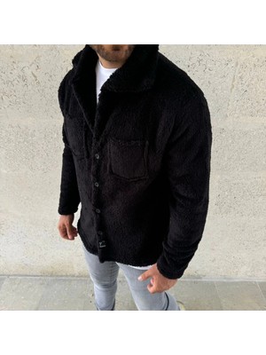 Modi Erkek Pelüş Polar Hırka Gömlek – Yakalı, Ilik Düğmeli, Göğüs Cepli, Yumuşak Dokulu Kışlık Regular Fit Rahat Günlük Model - Siyah