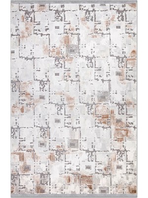Rugzella Krem Gri Kiremit Soft Abstract Desenli Modern Eskitme Görünümlü Halı
