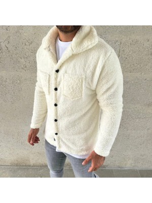 Modi Erkek Pelüş Polar Hırka Gömlek – Yakalı, Ilik Düğmeli, Göğüs Cepli, Yumuşak Dokulu Kışlık Regular Fit Rahat Günlük Model - Beyaz