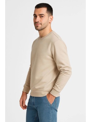 Modi Erkek Üç Iplik Düz Bisiklet Yaka Sweatshirt - Bej