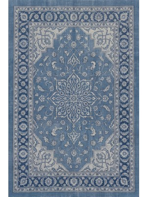 Rugzella Denim Mavisi Eskitme Görünümlü Klasik Madalyon ve Bordür Desenli Yıkanabilir Halı