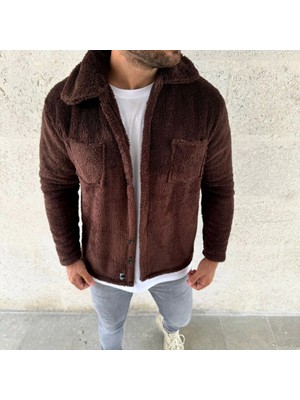 Modi Erkek Pelüş Polar Hırka Gömlek – Yakalı, Ilik Düğmeli, Göğüs Cepli, Yumuşak Dokulu Kışlık Regular Fit Rahat Günlük Model - Kahverengi