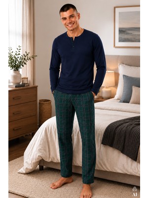 Koza İç Giyim Erkek Pamuklu Uzun Kollu Önü Patlı Ekose Desenli Pijama Takımı