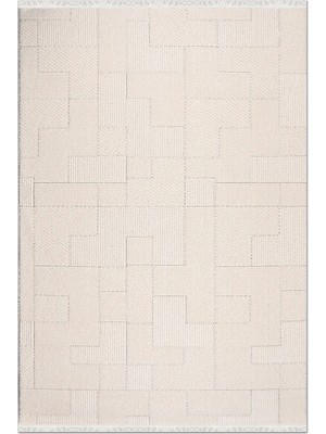 Rugzella Krem Modern Geometrik Kare Dokulu Püsküllü Halı