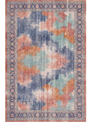 Rugzella Moor Eskitme Suluboya Soyut Desen Indigo Mavi Mercan Modern Yıkanabilir Halı