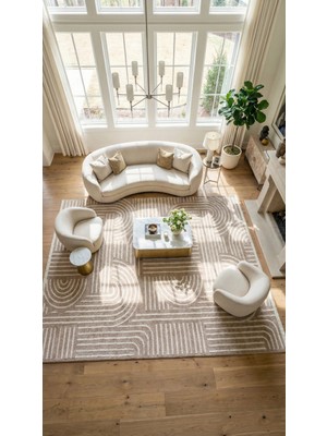 Rugzella Bej Krem Modern Geometrik Kemer Desenli Kabartmalı Saçaklı Halı