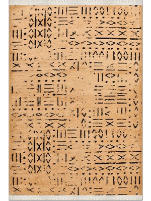 Rugzella Camel Siyah Bohem Etnik Desenli Püsküllü Soft Dokuma Halı