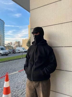 Modi Samuray Ninja Çift Kapşonlu Zıp Fermuarlı Kanguru Çepli Tam Fermuarlı Hoodie Swetshirt - Siyah